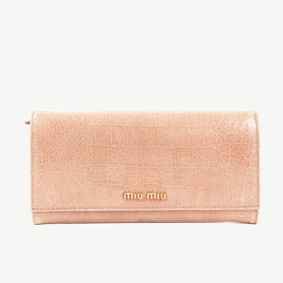 Miu Miu Croc Embossed Long Continental Blush Pink Wallet - Picture 1 of 9